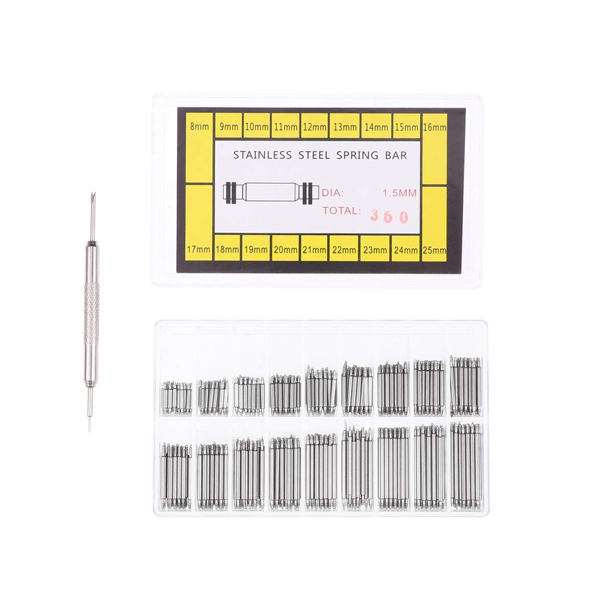 NICERIO 360pcs 8-25mm Stainless Steel Watch Band Spring Bars Strap Link Pins Wactchmaker Tools
