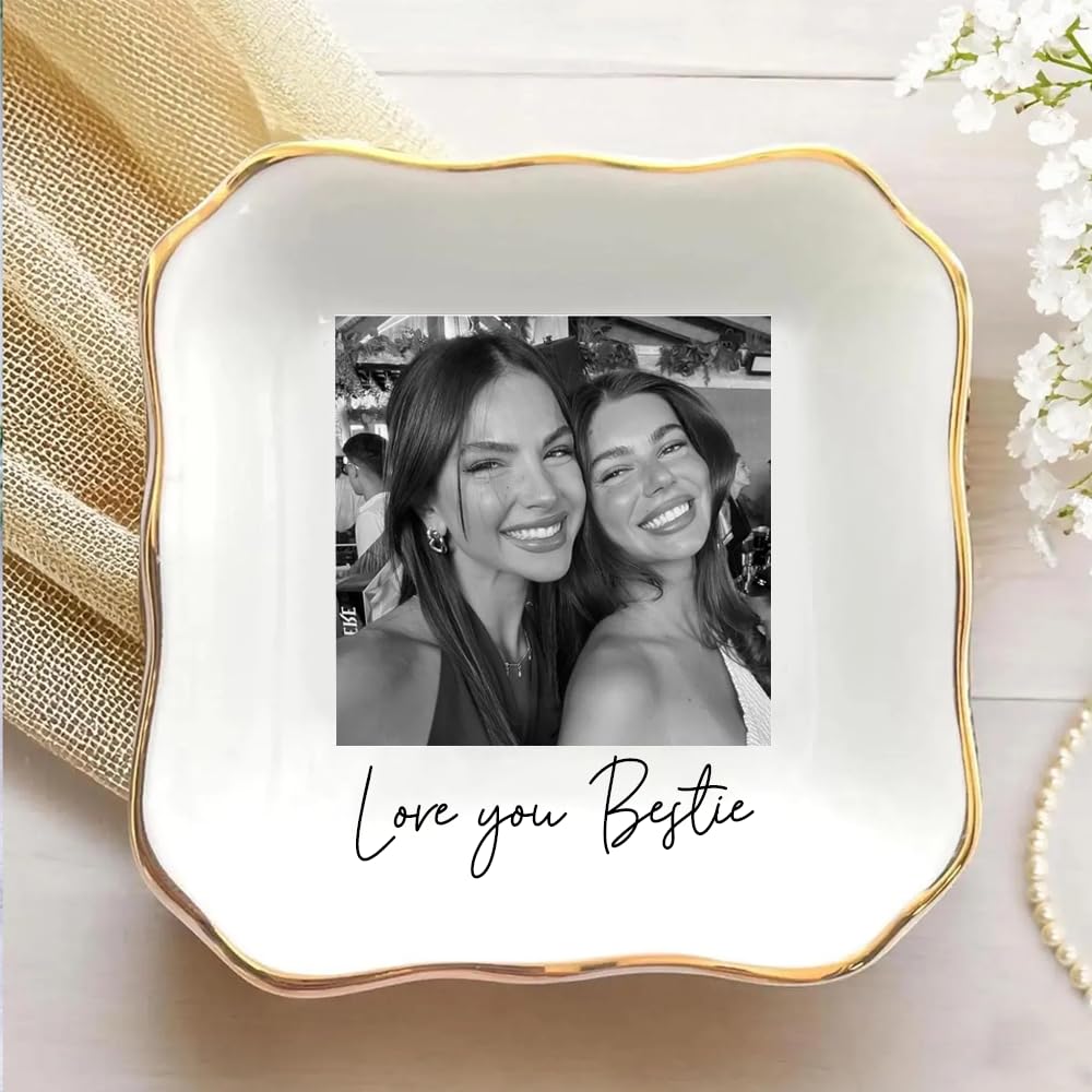 POPPOP Personalized Bestie Photo Jewelry Dish, Custom Ceramic Trinket Tray for Best Friend or Sister, Gift For Besties, Soul Sister Gifts, Birthday Ring Dish Gift For Best Friends