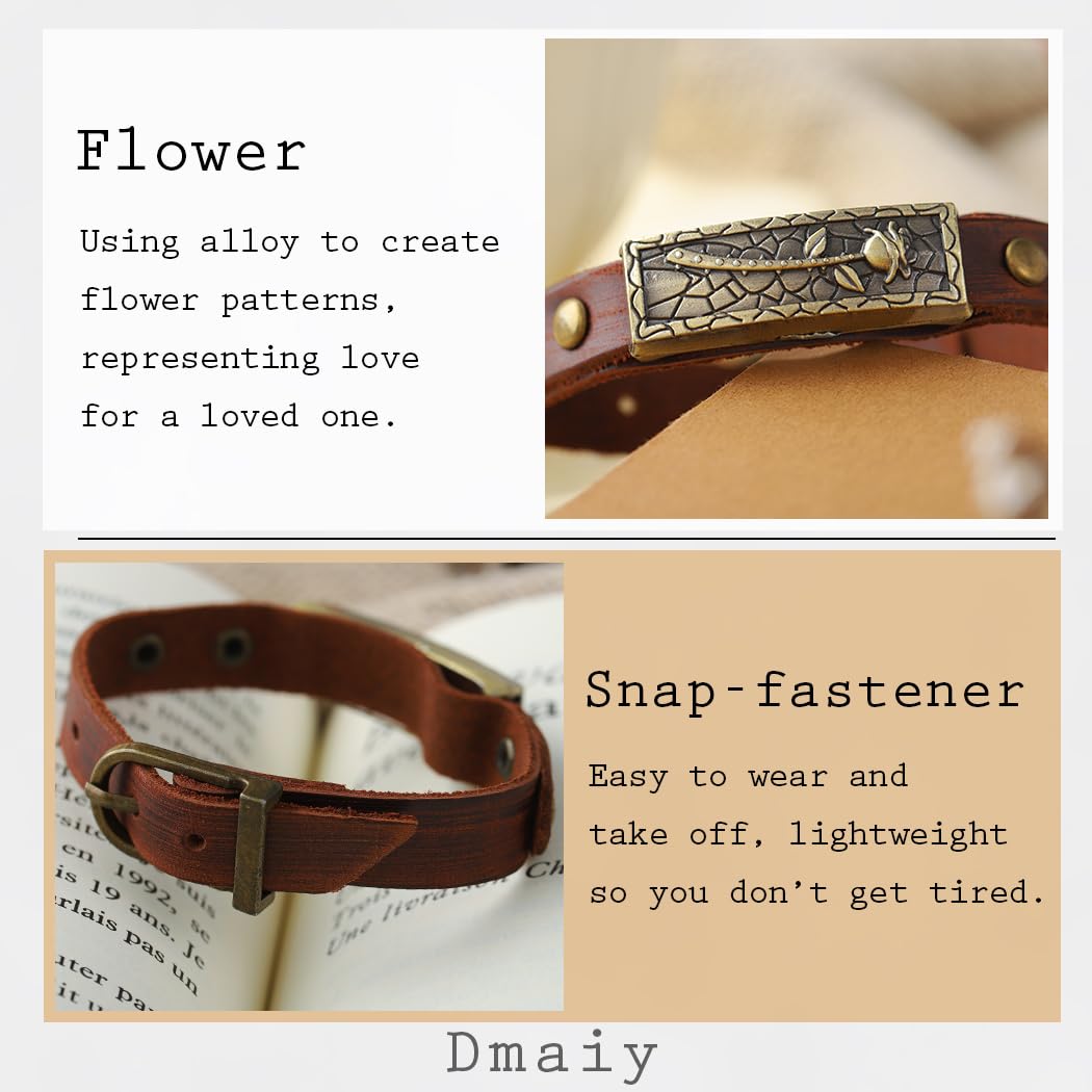 Dmaiy Boho Leather Bracelets Vintage Brown Bracelet Buckle Clasp Rose Bracelets Handmade for Women and Men (Brown flower)