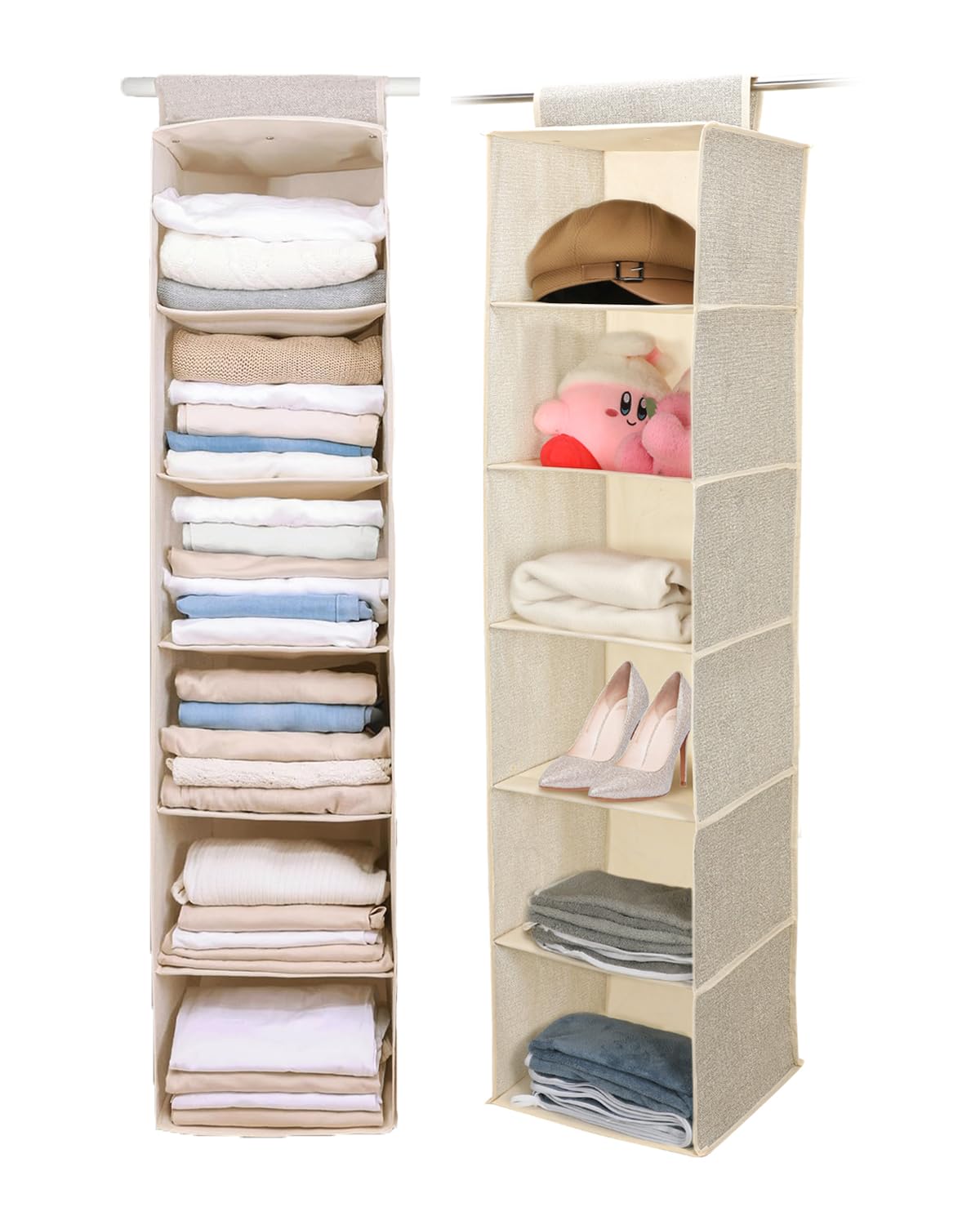 NEATJELAI 2 Pack Hanging Closet Organizer 6 Tier Large Hanging Shoe Organizer Shelves for Closet Wardrobe Baby Clothes Organization and Storage, Foldable Design, Beige，12" D x 47" W x 12" H