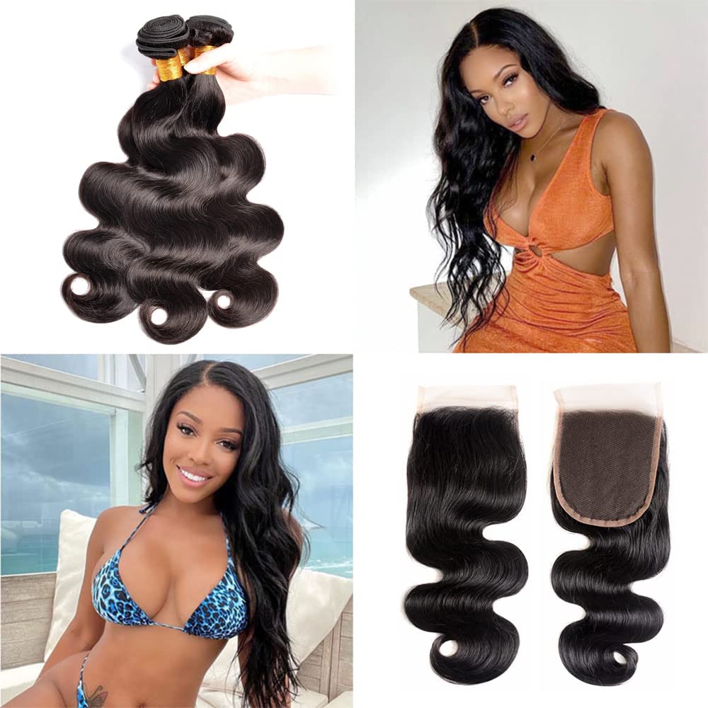 Body Wave Bundles with Closure Human Hair 3 Bundles with Closure(14 16 18+12) Brazilian Body Wave 100% Unprocessed Virgin Human Hair Bundles with 4x4 Lace Closure Free Part Natural Color Body Wave