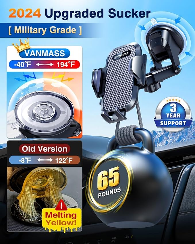 VANMASS Car Phone Holder 2024 Military-Grade Phone Holder for Your Car Windshield Dashboard【 65 Lbs Strongest Suction】【Patent & Safety Certs】 Universal Cell Phone Car Mount for iPhone Samsung Android