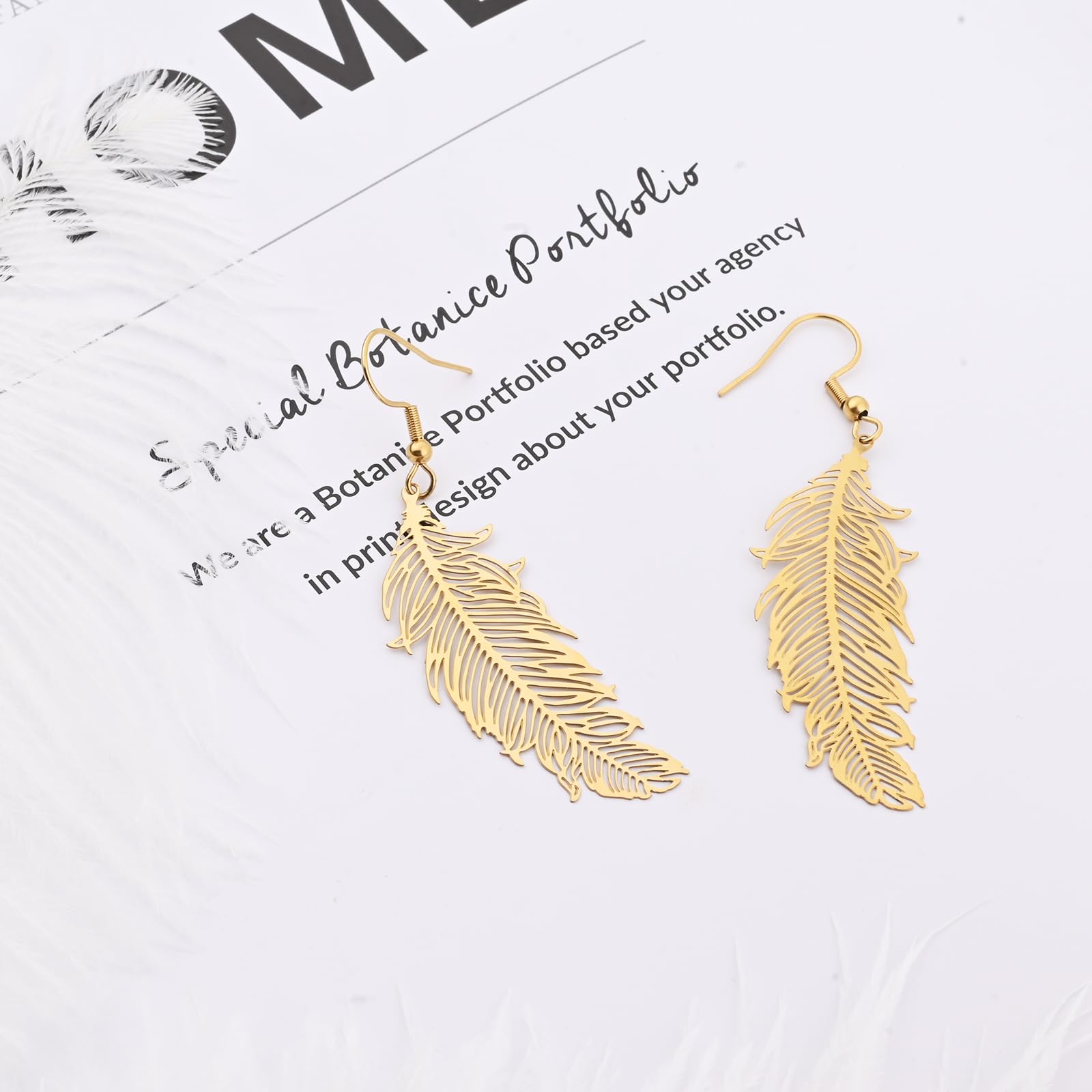 Gold Feather Leaf Drop Dangle Earrings for Women, Handmade Long Earrings Hypoallergenic Plant Earrings for Gift