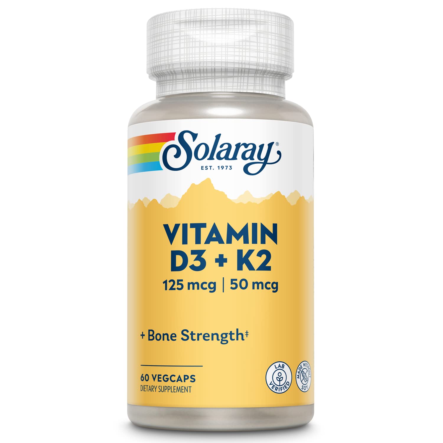 SOLARAY Vitamin D3 K2 - Bone Health and Immune Support Supplement - With 5000 IU Vitamin D as Vit D3 and 50 mcg Vitamin K2 as Menoquinone MK7 - Made Without Soy, 60-Day Guarantee, 60 Serv, 60 VegCaps