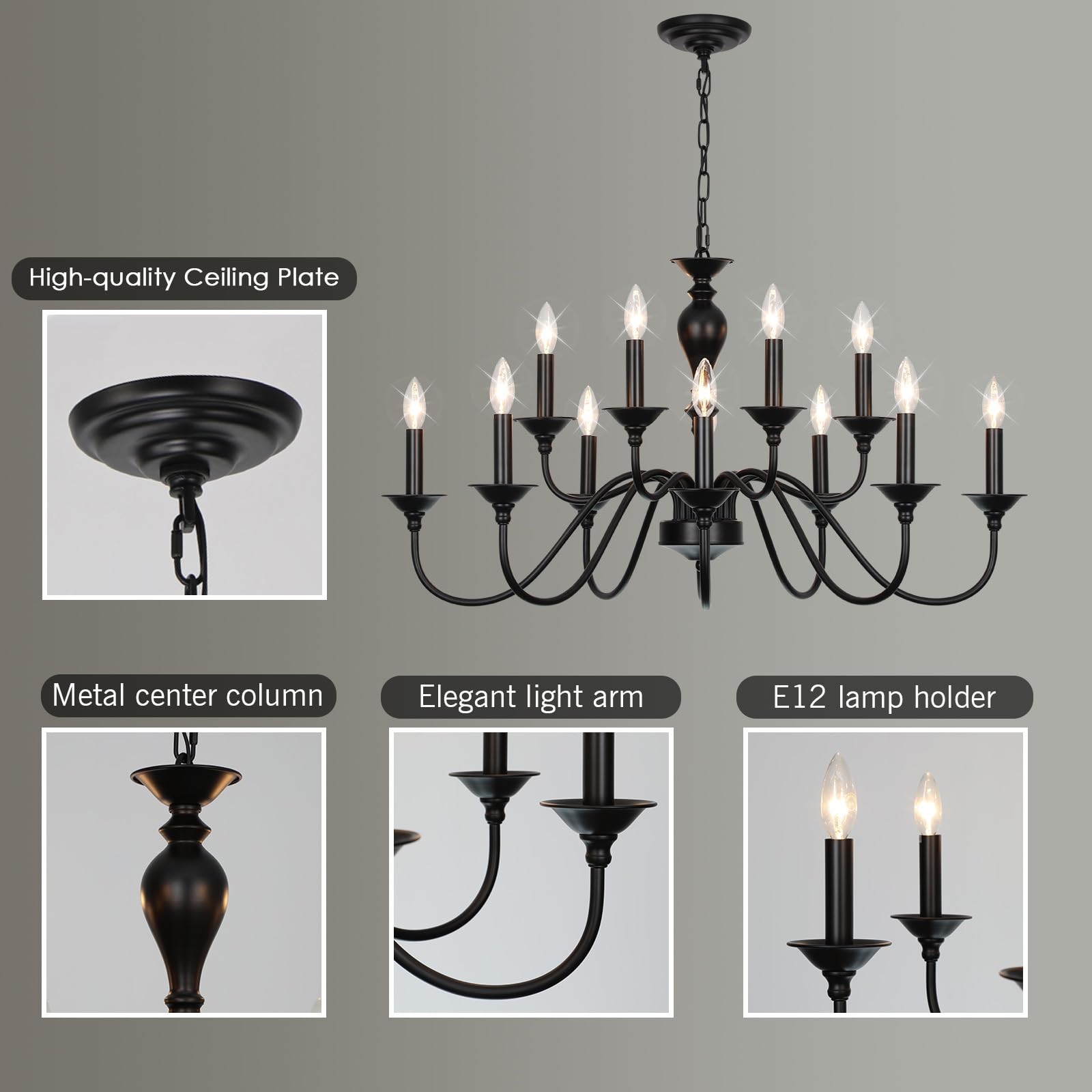 LIGHTDAMY Black Farmhouse Chandeliers for Dining Room Light Fixtures Over Table, 12 Light Industrial Candle Hanging Light Fixture for Living Room Kitchen Island Foyer Staircase