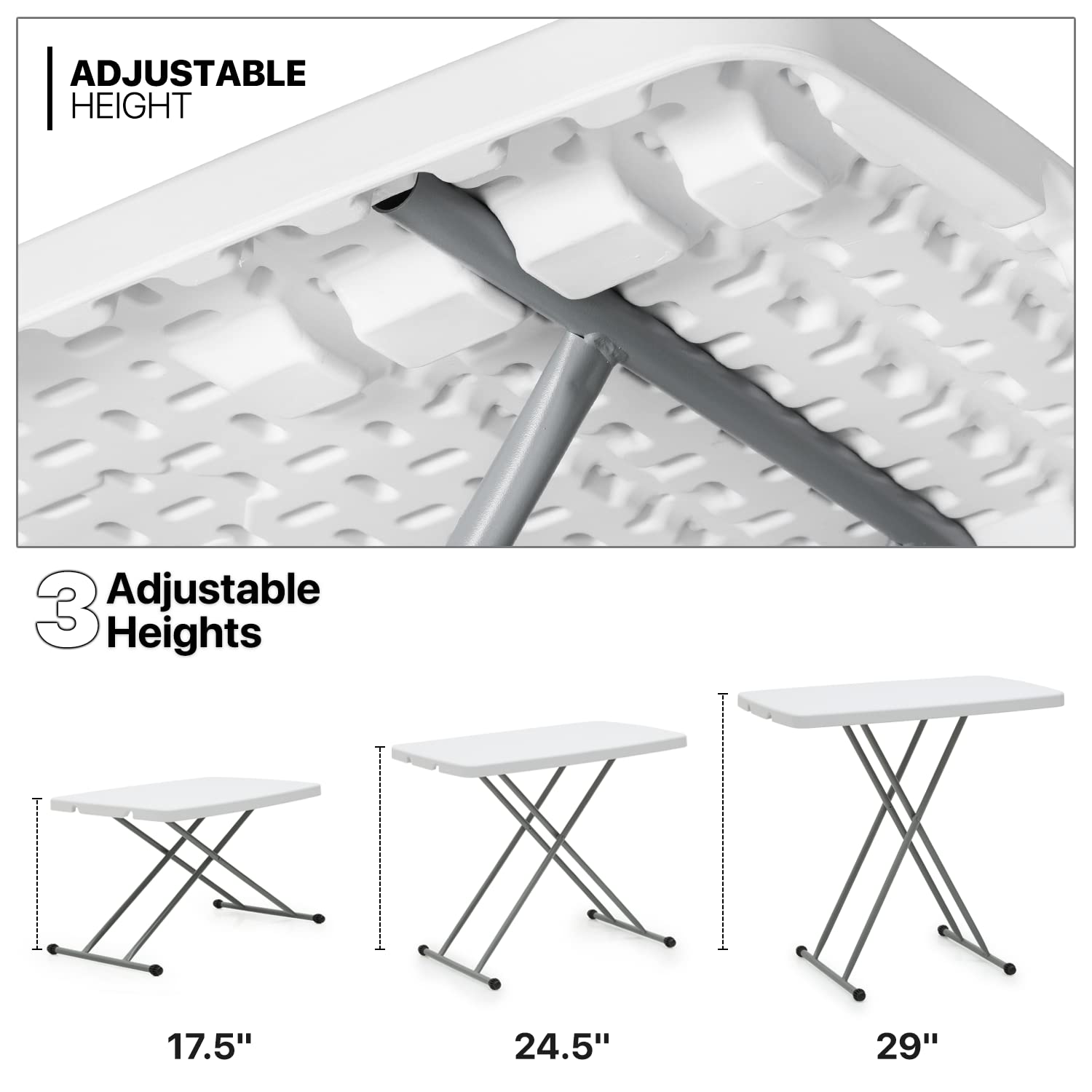 MoNiBloom TV Tray Folding Table 30" Height Adjustable, Portable Indoor/Outdoor Picnic Partiestable and Laptop Square White Small Table with X Legs