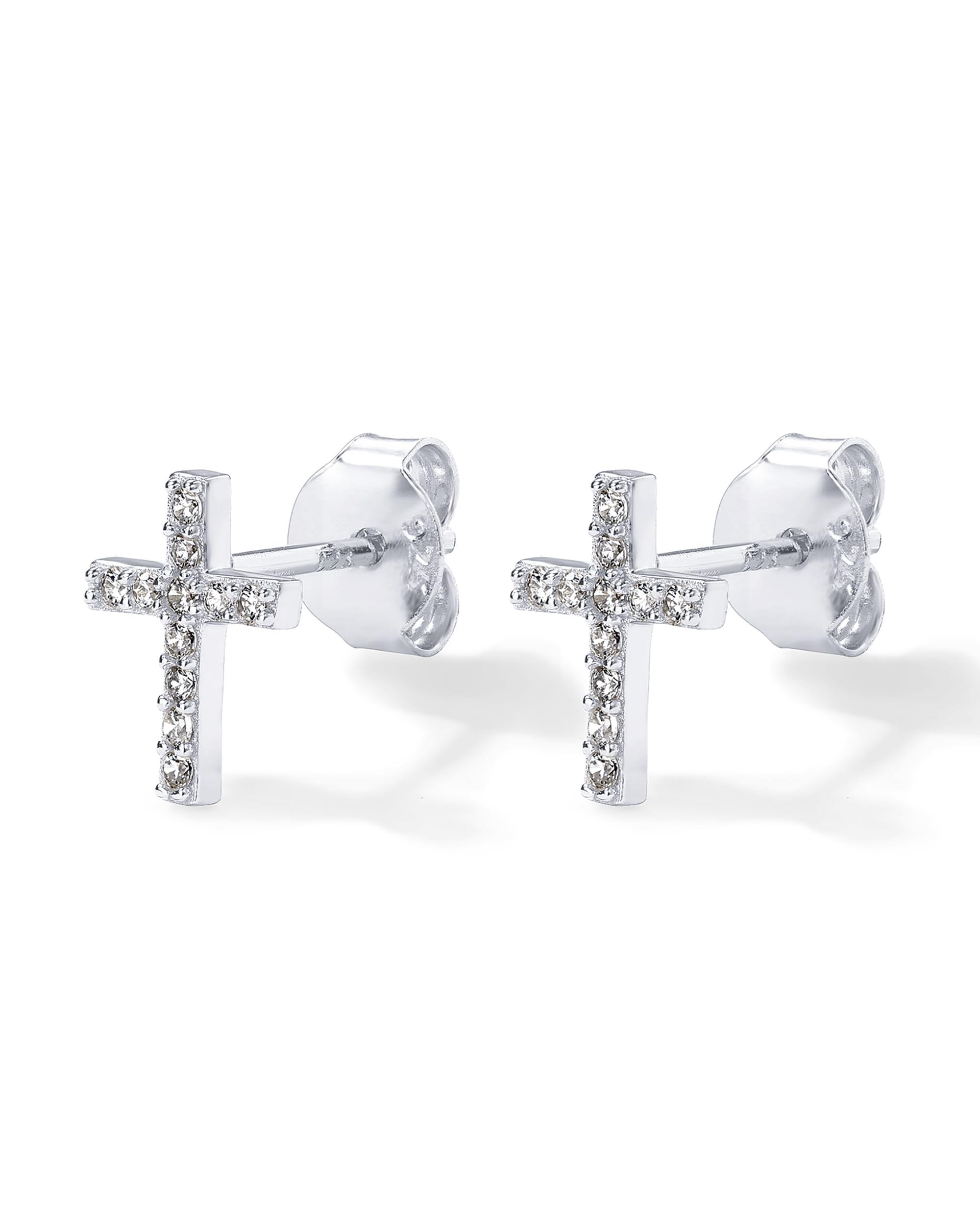 PAVOI 14K White Gold Plated Girls Sterling Silver Earrings | Pave CZ White Gold Cross Earrings for Women