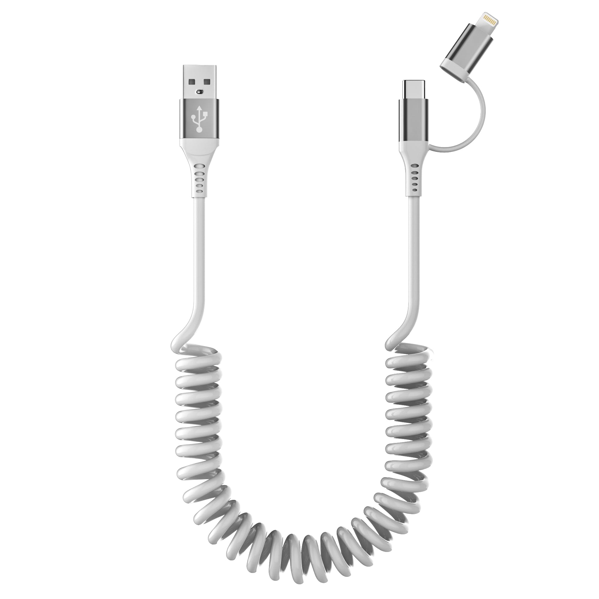 USB to USB-C and Lightning Cable Combo 2 in 1 Coiled Cable Apple Carplay & Android Auto Compatible[MFi, 3A Fast Charge, Data Sync] Coiled Lightning and USB C Cable for iPhone 16/15/14/13/Android,White