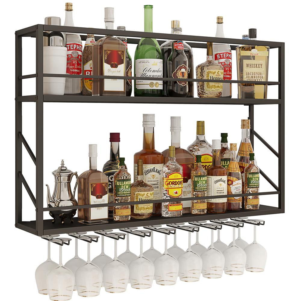 Woskar Wall Mounted Wine Rack 2 Tier, Metal Bar Liquor Shelves and Glass Holder,Wall Bar Shelf Wine Display Storage Holder for Home Bar, Dining Room, Kitchen (47.2×7.8×26in)