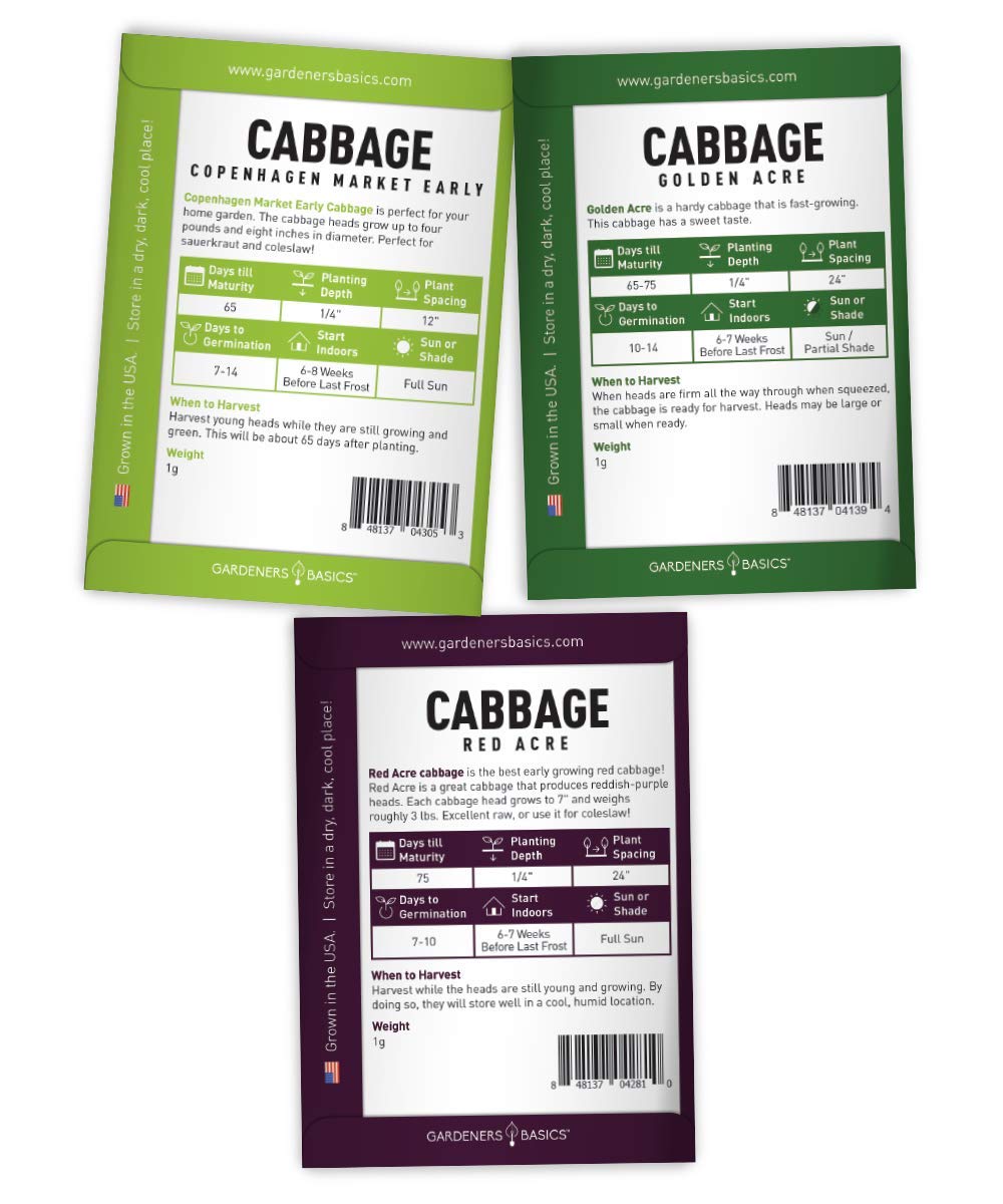 Gardeners Basics, Cabbage Seeds for Planting 5 Individual Packets Bok Choy, Michihili (Napa) Chinese Cabbage, Red, Golden Acre and Copenhagen Market Early for Your Non GMO Heirloom Vegetable Garden