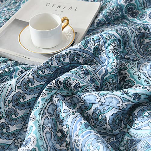 ENASAL Cotton Bedspread Quilt Sets, Reversible Bedding Coverlet Sets Comforter, Floral Paisley Bedspread (Blue, Queen Size)