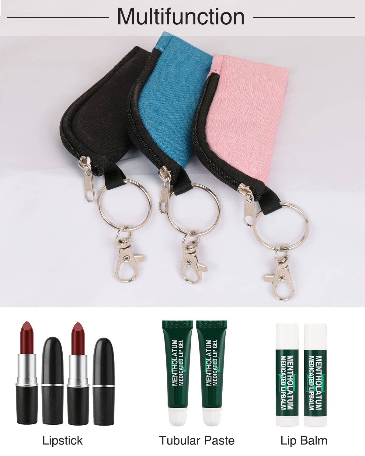 Meiiy Chapstick Holder Lip Balm/Gloss Sleeve Pouch Portable Lipstick Bag With Hook Gift for Women (3pcs)