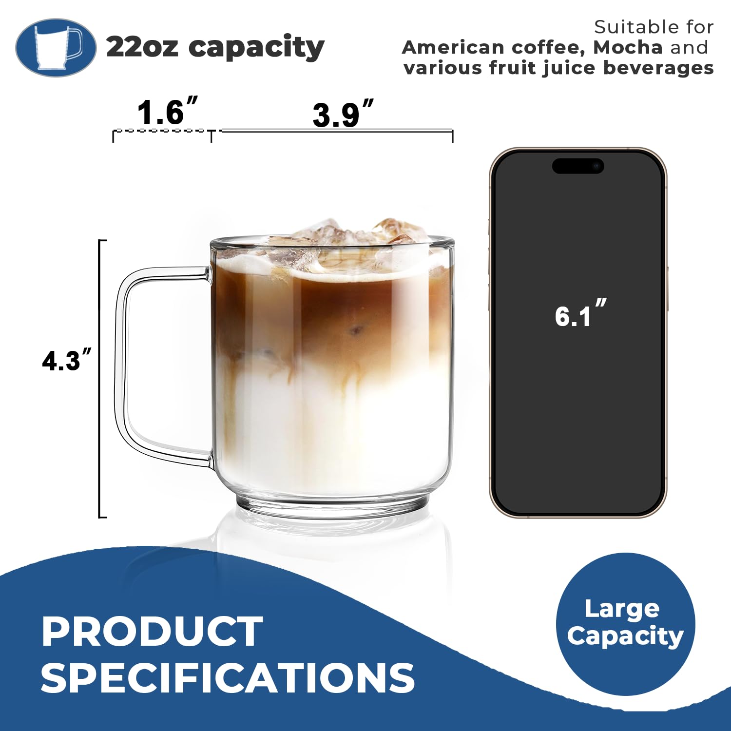 Aquach 22oz Large Clear Glass Coffee Mugs Set of 2 - Serve as General Drinking Glasses for Water, Coffee, Tea, and Juice