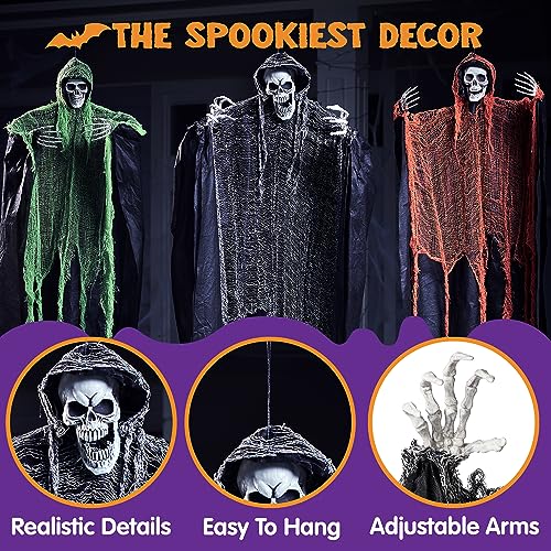 JOYIN 3 Pcs Halloween Hanging Grim Reapers, one 63” Two 47” Grim Reapers, Halloween Skeleton Flying Ghost for Halloween Outdoor Decoration, Haunted Haunted House Prop, Halloween Party Supplies Decor