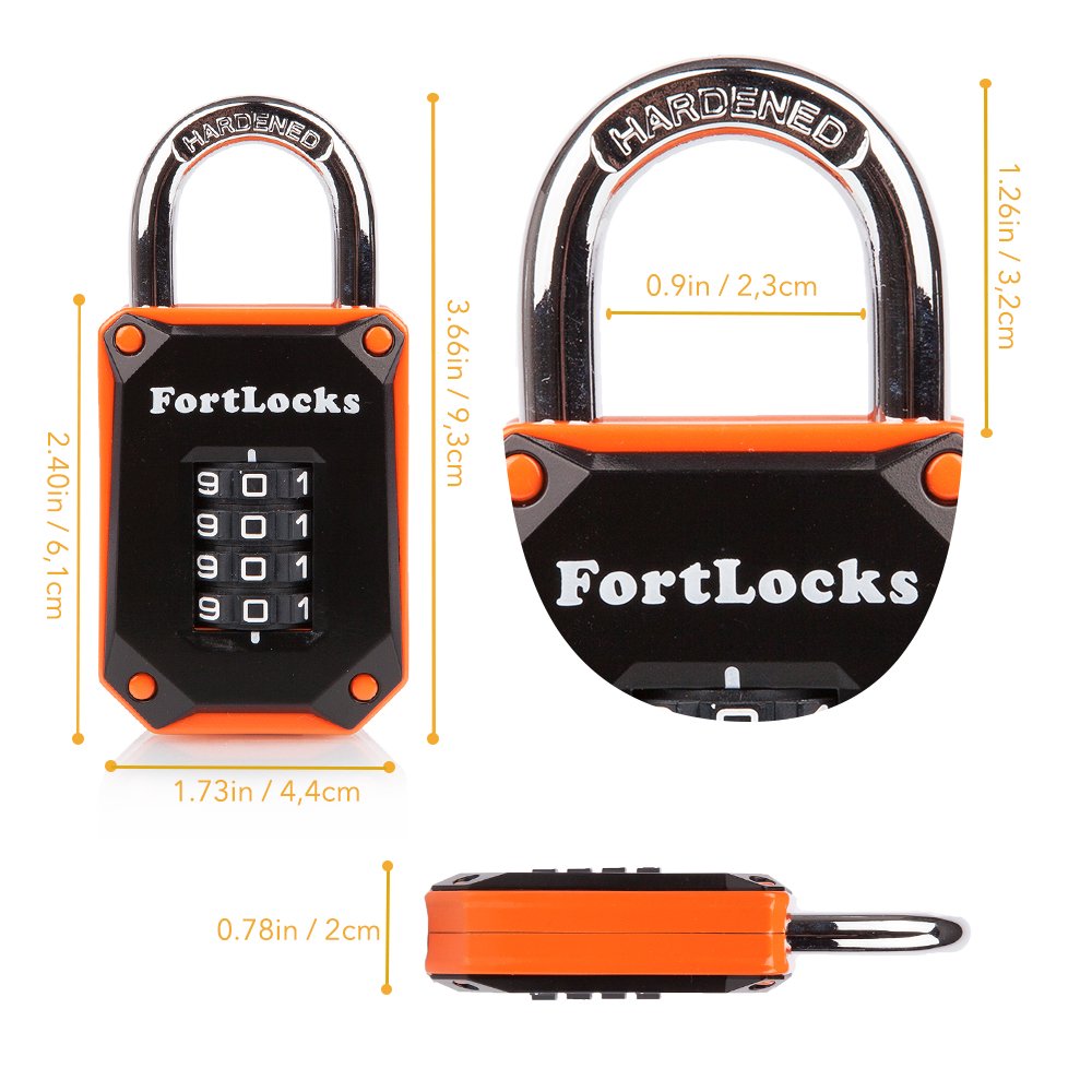 FortLocks 2 Pack Orange 4-Digit Combination Lock - Heavy Duty, Waterproof, Resettable