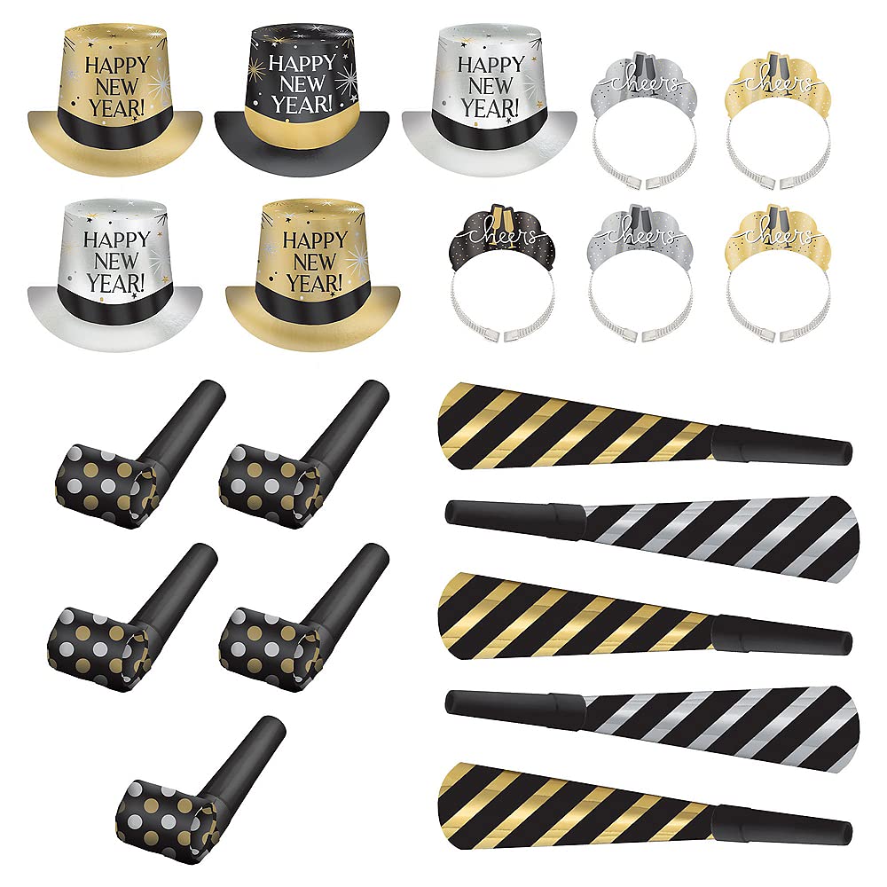 Amscan Party City New Year’s Eve 2025 Wearables and Noisemakers for 10 Guests, Party Supplies, Black, Gold and Silver, 20 Piece