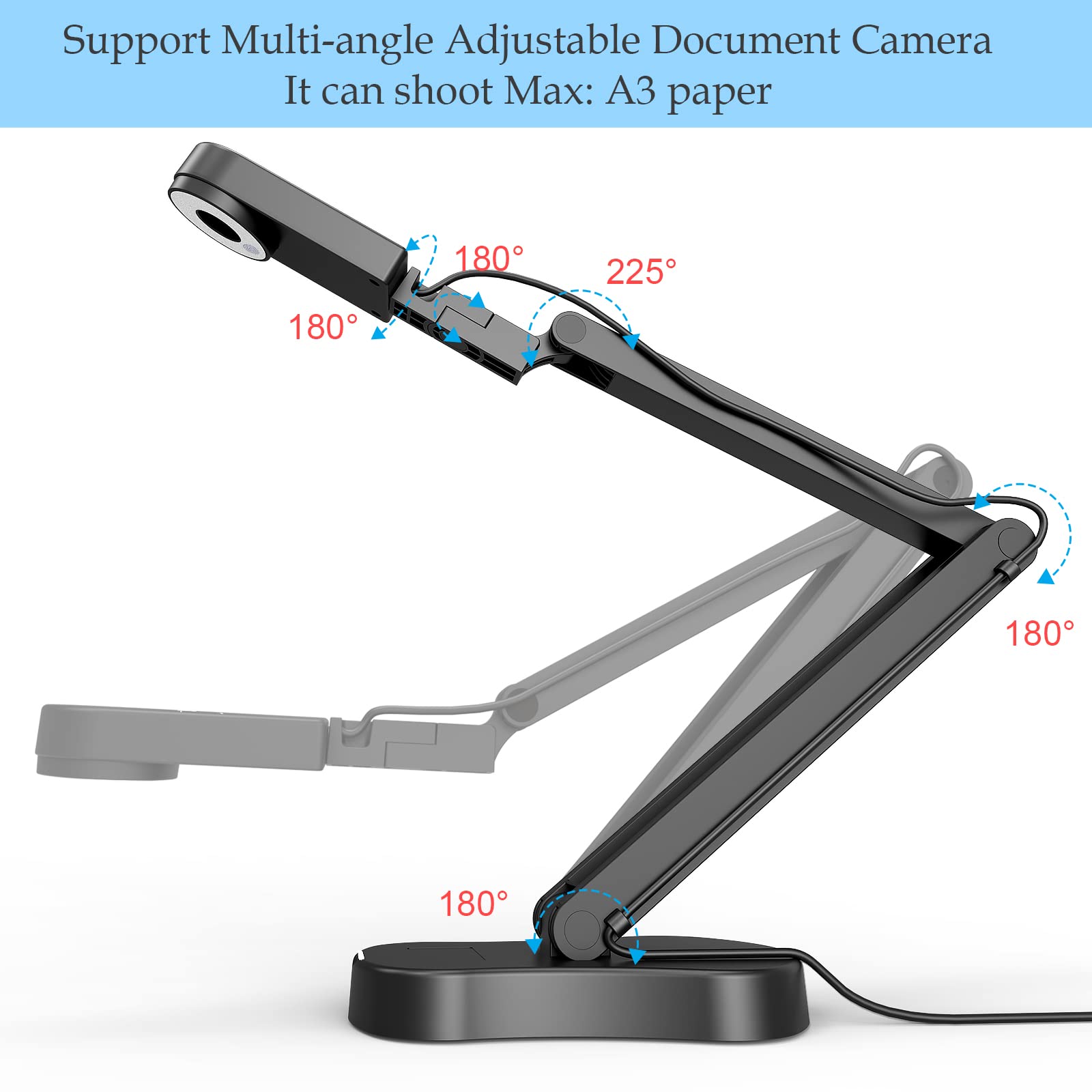 PAKOTOO 8MP USB Document Camera for Teachers and Classroom for A3 A4 Size with Dual Mic, 3-Level LED Light, Up and Down, Left and Right Image Inversion, for Distance Teaching & Learning