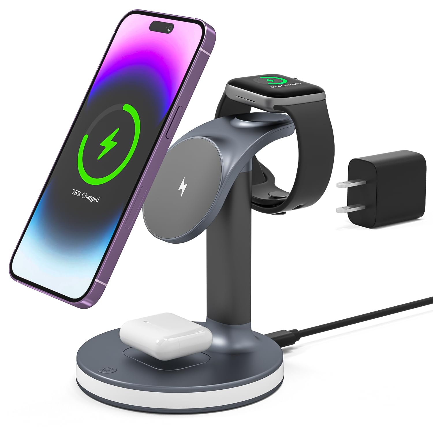 HiPlug 3 in 1 Wireless Charging Station for iPhone 16/15/14/13/12 Series,for Multiple Devices for AirPods 3/2/Pro,Magnetic Charging for iWatch Series(Gray)