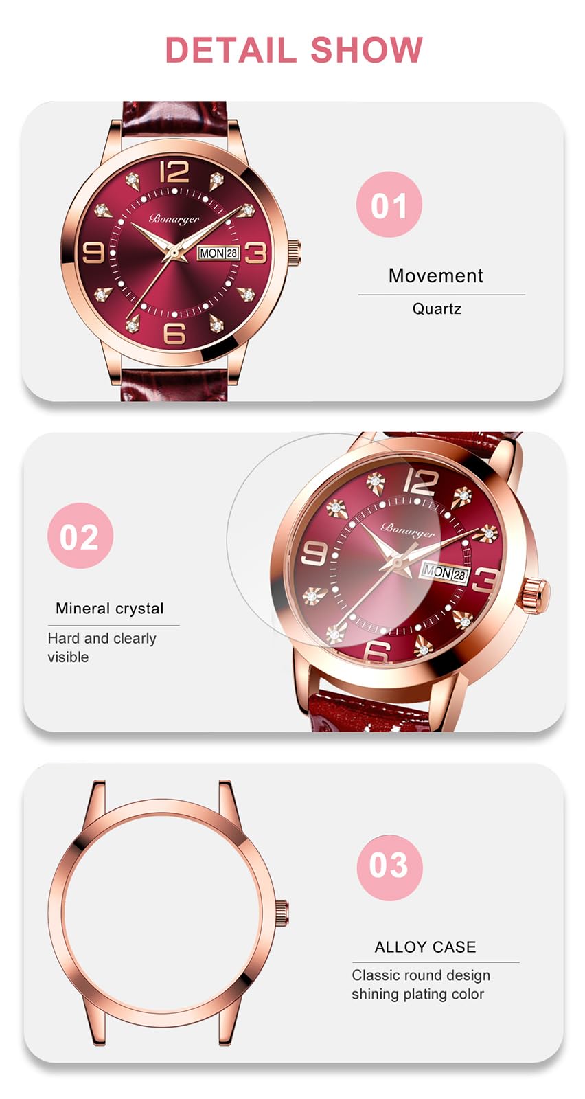 BESTKANG Leather Women Watches Ladies Dress Analog Quartz Date Classic Luminous Leather Strap 3ATM Waterproof Female Wrist Watch (Wine red)