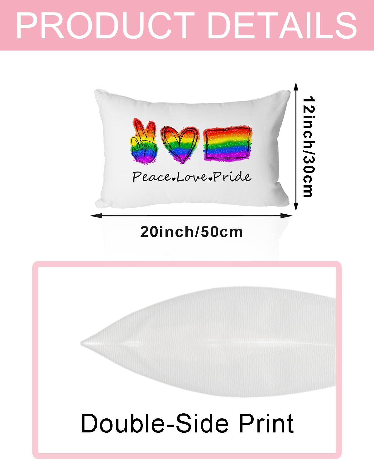 Valentine's Day Rainbow Pride Pillow Cover 12x20 Inch - Peace Sign, Heart, and Flag Design - Inclusive Love Celebration Cushion Case for Sofa and Couch Decor