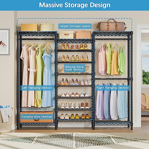 VIPEK S3 Heavy Duty Garment Rack Freestanding Clothes Rack Closet Storage Organizer Large Wardrobe with 6-Tier Shoe Rack, Hanging Rod, Adjustable Shelf, 68.9" L x 15.7" W x 76.4" H, Black