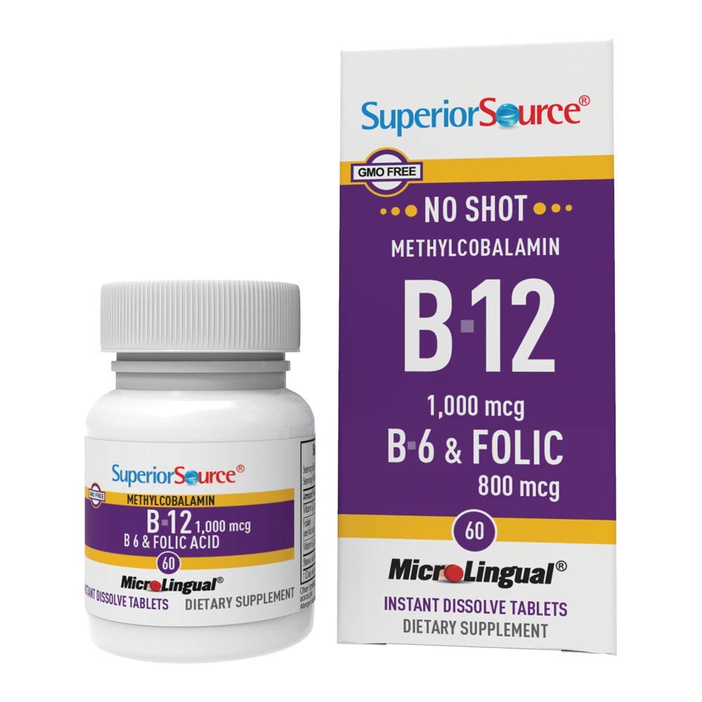 Superior Source No Shot Vitamin B12 Methylcobalamin (1000 mcg), B6, Folic Acid, Quick Dissolve MicroLingual Tablets, 60 Ct, Increase Energy, Healthy Heart, Boost Metabolism, Stress Support, Non-GMO