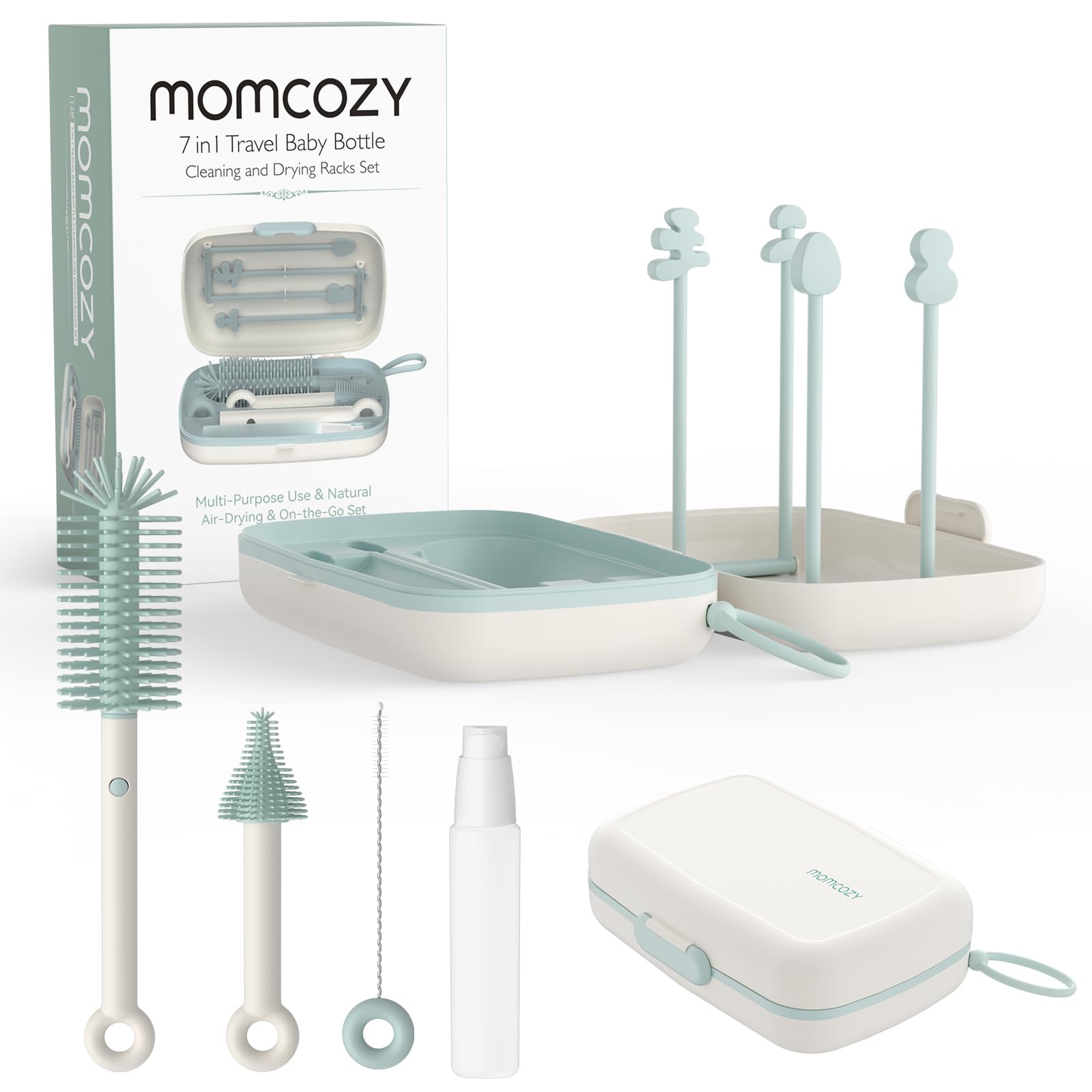 Momcozy Bottle Brush Set - Baby Bottle Cleaner Kit with Silicone Brush, Nipple Brush, Straw Brush, Soap Dispenser, Drying Rack - 7 in 1 Bottle Cleaning Tool for Home and Travel