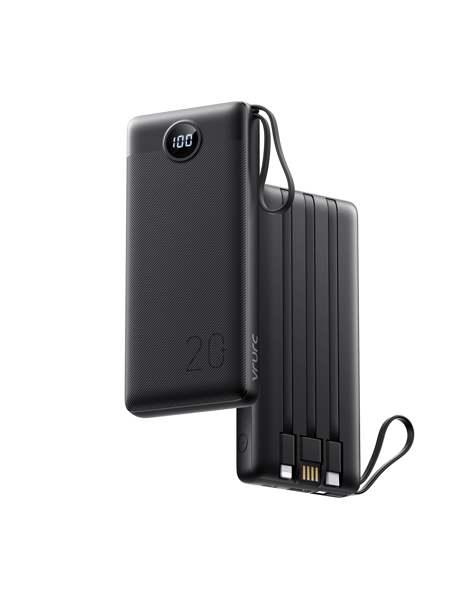 VRURC Portable Charger 20000mAh, Fast Charging Power Bank with Built in Cables,4 Output 2 Input USB C Battery Pack with LED Display for iPhone 15/14/13/12/Pro/11,Samsung,Android etc-Black (1 Pack)