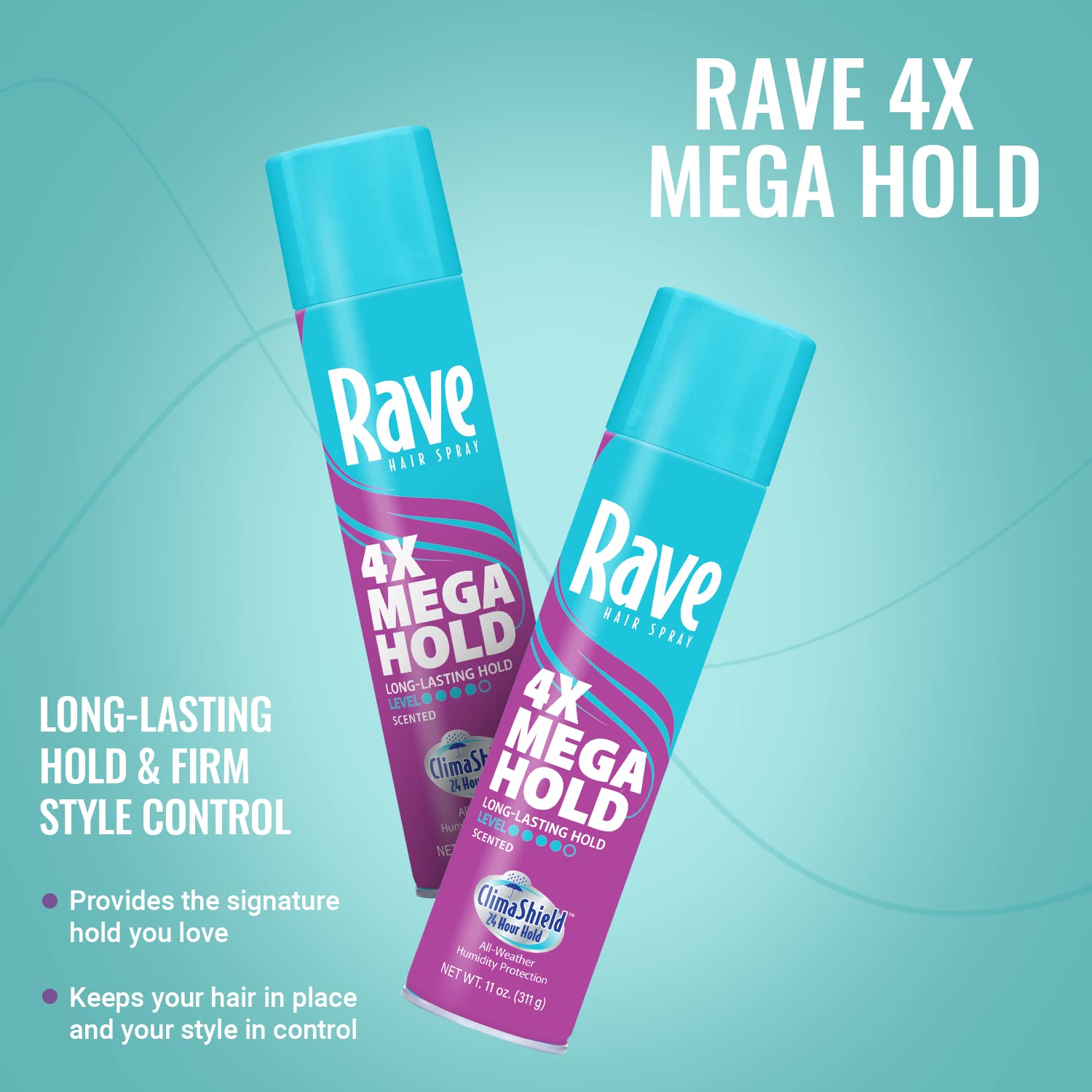 Scented Aerosol Hairspray by Rave - 1 Pack of 4X Mega Hair Spray for Heat Protection, Volume and Shine - ClimaShield for Extra Humidity and Long-Lasting Firm Hold - Minimizes Frizz