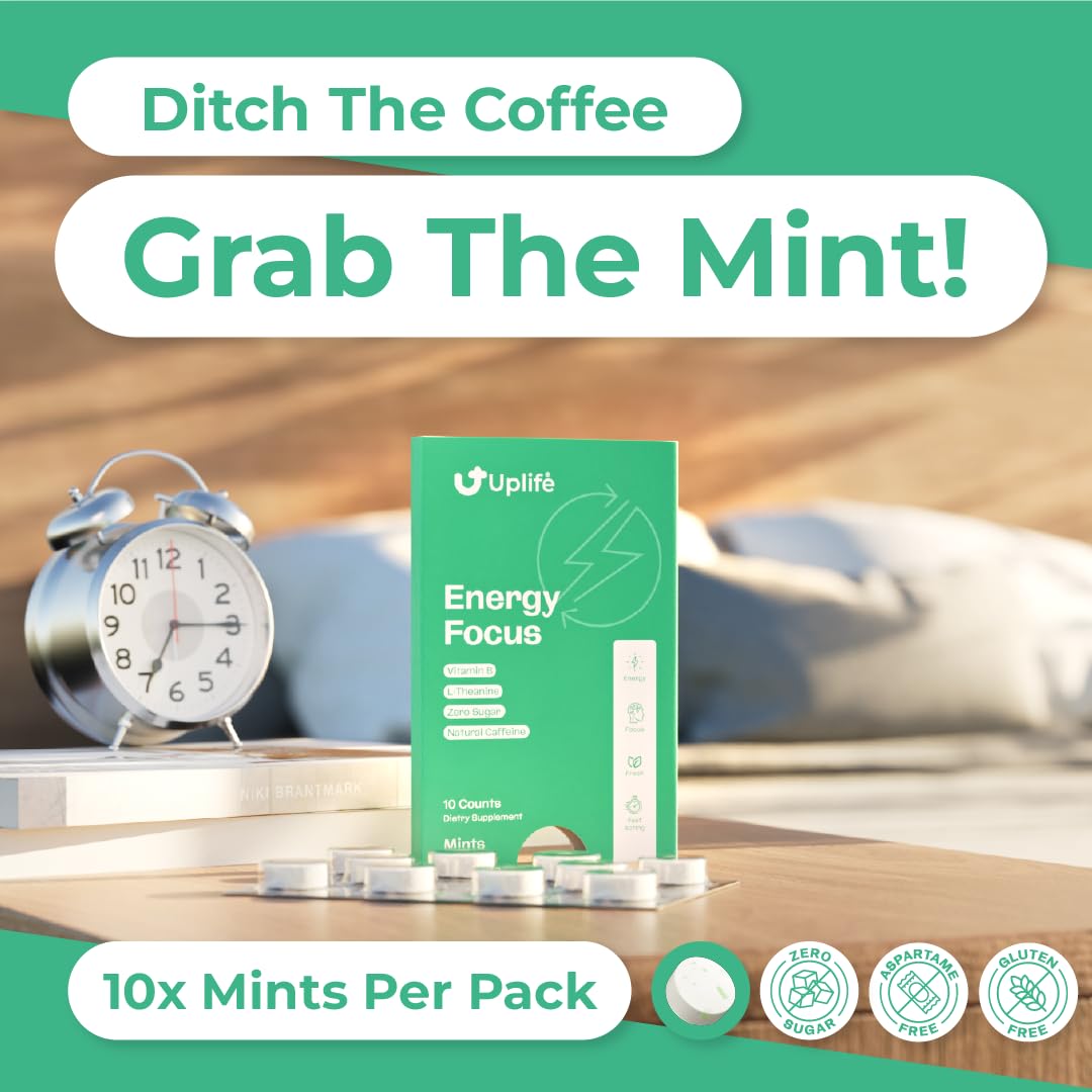 UPLIFE Energy Gum & Mints 60 Pieces (30 each) – 40mg Natural Caffeine + 80mg L-Theanine + Niacin Vitamin B3 & B12 – Sugar-Free, Vegan – Caffeine Gum & Mint for Smooth Energy Boost, Focus – Mint Flavor