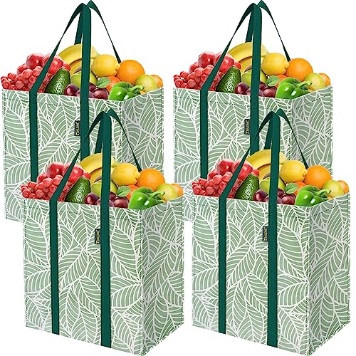 BALEINE 4 PK Grocery Bags Reusable Shopping Bags with Reinforced Bottom, Heavy Duty Foldable Tote Bags (Antique Folidage)