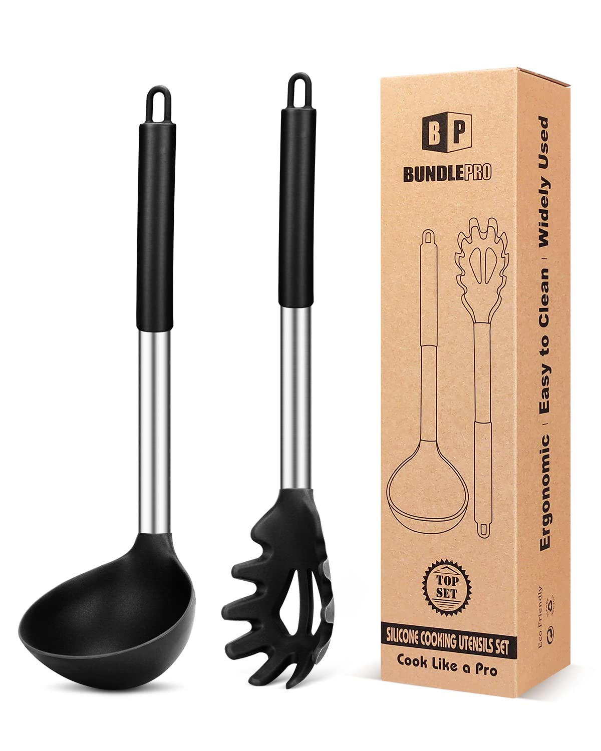 Silicone Pasta Fork and Ladle Spoon Set, Large Non Stick Kitchen Utensils for Cooking,Stirring,Serving Spaghetti, Soup, Sauce (BLACK)