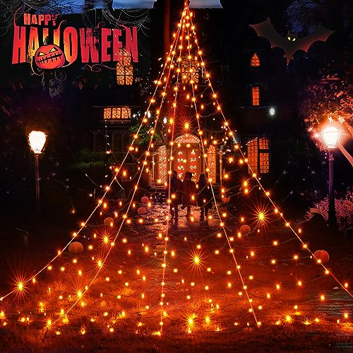 BlcTec Halloween Giant Spider Web Lights, 19.7ft x 14.7ft Lighted Black Spider Web with 250 LED, Sturdy Wire Halloween Web Lights with Waterproof, 8 Modes, Timer for Yard Haunted House Décor (Purple)