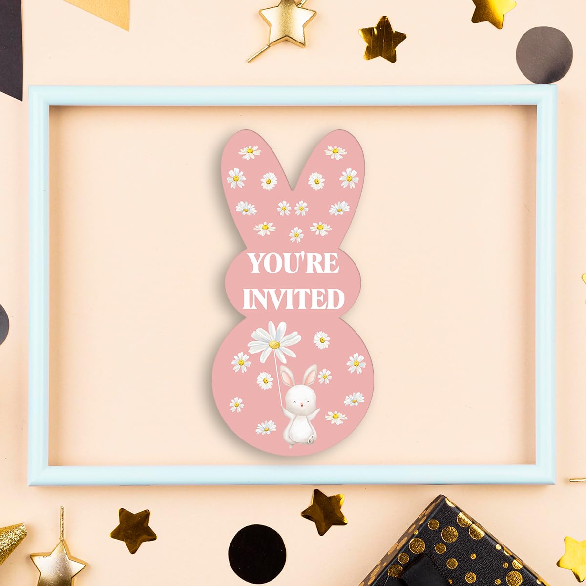 LyoGao Bunny 1st Birthday Party Bunny Shaped Invitations - Some Bunny Is Turning One Boho Daisy Rabbit First Birthday Party Fill in Invites Cards with Envelopes (Set of 20)