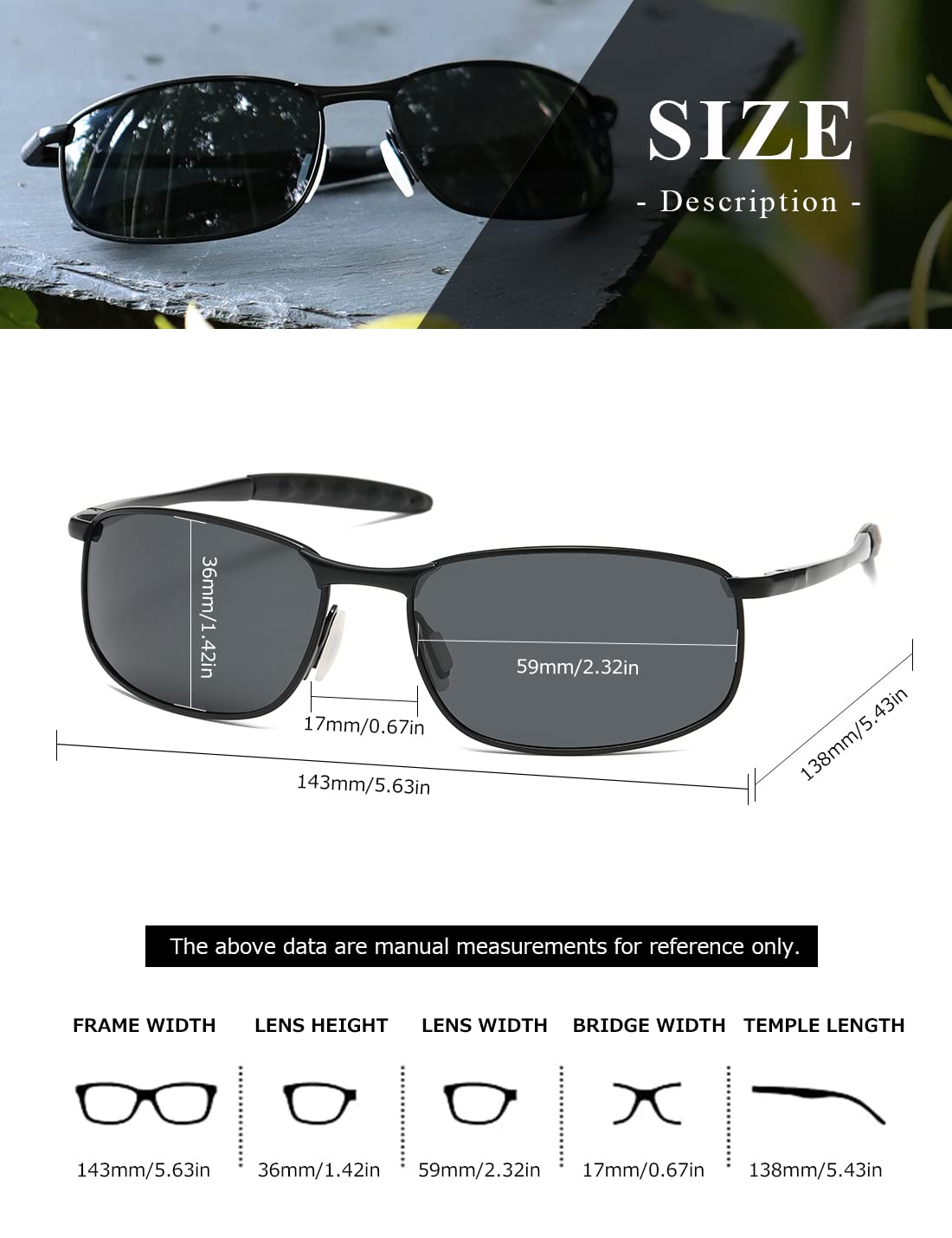 AEVOGUE Polarized Sunglasses For Men Rectangle Metal Frame Retro Sun Glasses AE0395 (Black, 59)