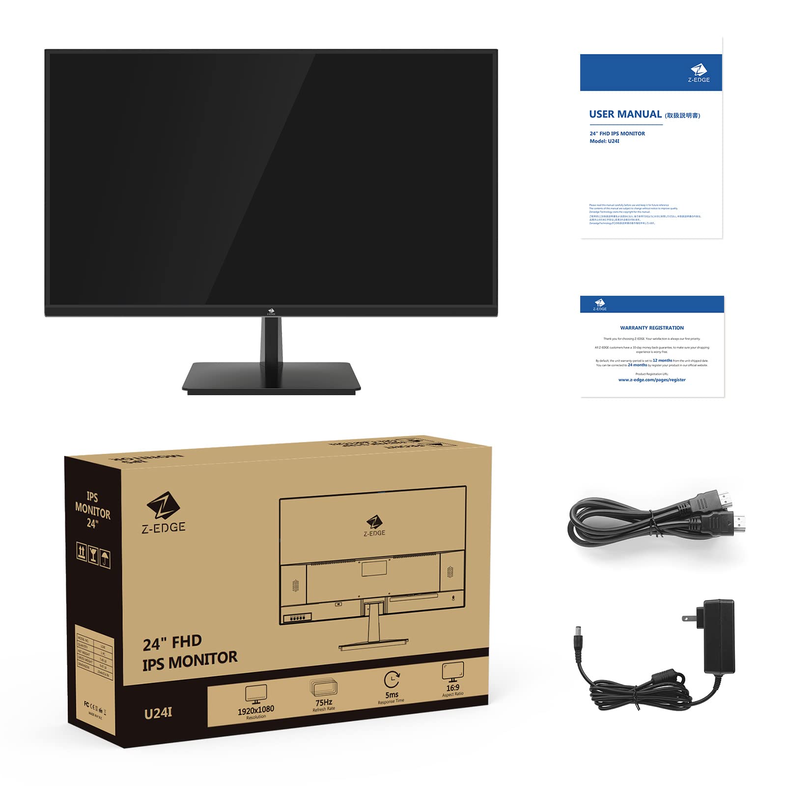 24 inch Monitor, Z-Edge Computer Monitor, Full HD 1920 x 1080p IPS Display 75Hz PC Monitor with HDMI, VGA, Frameless, U24I Anti-Glare Screen