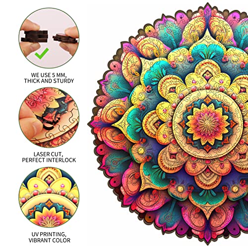 Colorful Mandala Wooden Puzzles for Adults, 200 Piece Unique Shaped Wood Jigsaw Puzzles for Adults and Kids, Fun Challenging Puzzles Family Game Gift, Medium 11.4'' x 11.1''
