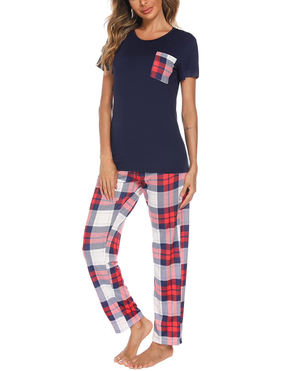 EISHOPEER Womens Red and Navy Classic Plaid Soft Short Sleeve Top and Long Pants Sleepwear Pjs Sets X-Small