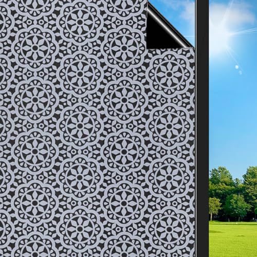 ConCus-T Blackout Privacy Window Film Full Shade Opaque UV Resistant Static Cling Window Film Non-Adhesive Removable Film Home Office Decor, Black Snowflake Lace Frosted Design, 11.81" x 78.74"