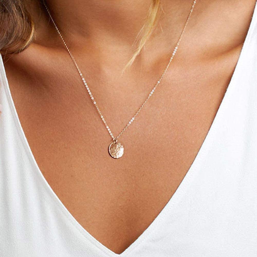 Turandoss Dainty Layering Pearls Necklace Bar Necklace Hammered Disc Pendant Necklace Simple Layering Necklace Gold Plated Choker for Women