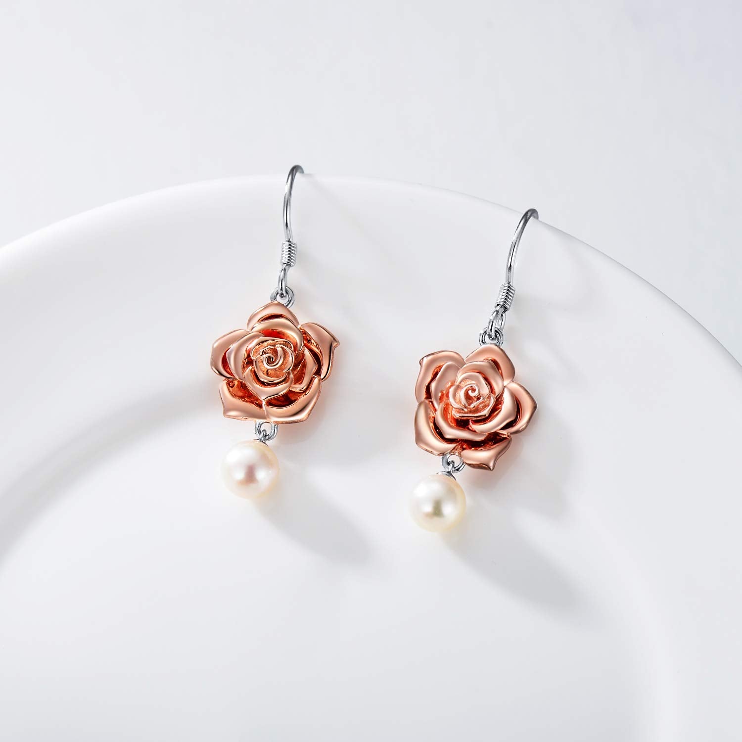 LONAGO Rose Flower Pearl Drop Earring White Pearl Dangle Earrings Rose Dangle Earring for Women (rose flower, sterling-silver)