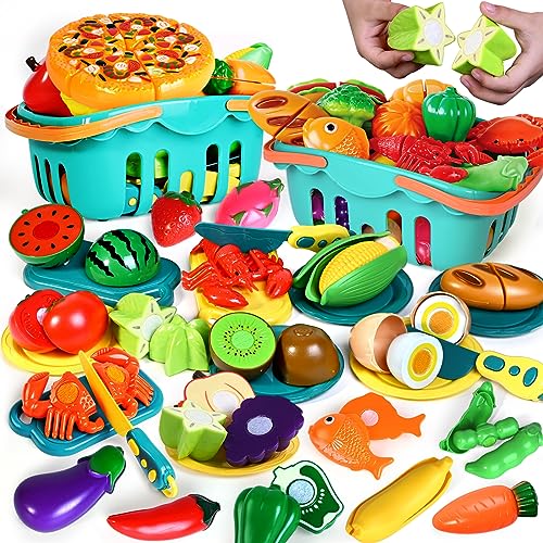 100 Pcs Play Food Set for Kids Kitchen, Pretend Food Toy for Toddlers Age 1-3, Plastics Cutting Fake Food/ Fruit/ Vegetable Accessories with 2 Baskets, Birthday Gifts for 2 3 4 5 Years Old Boys Girls