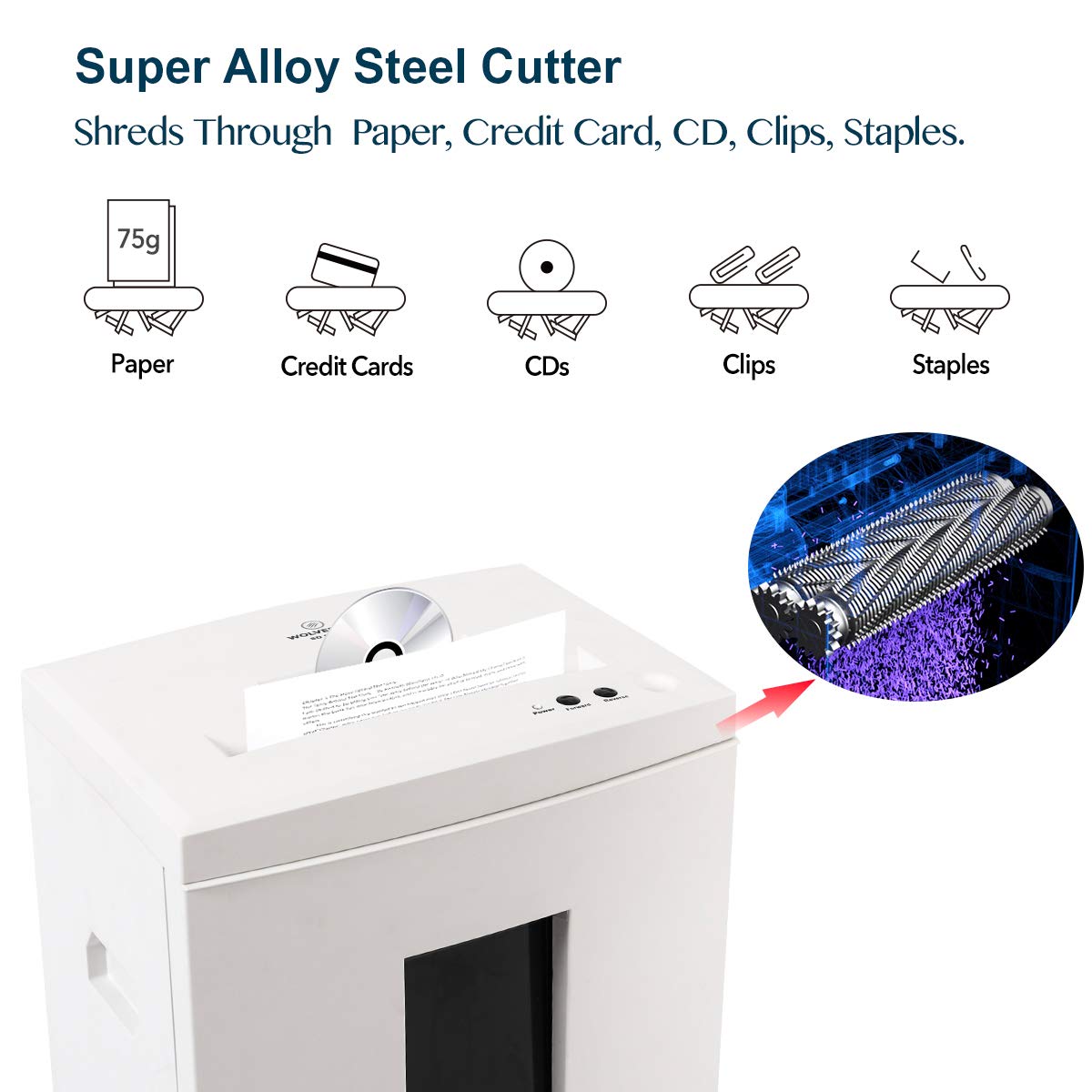 WOLVERINE 18-Sheet 60 Mins Running Time Cross Cut High Security Level P-4 Heavy Duty Paper/CD/Card Ultra Quiet Shredder for Home Office with 6 Gallons Pullout Waste Bin SD9113 (White ETL)