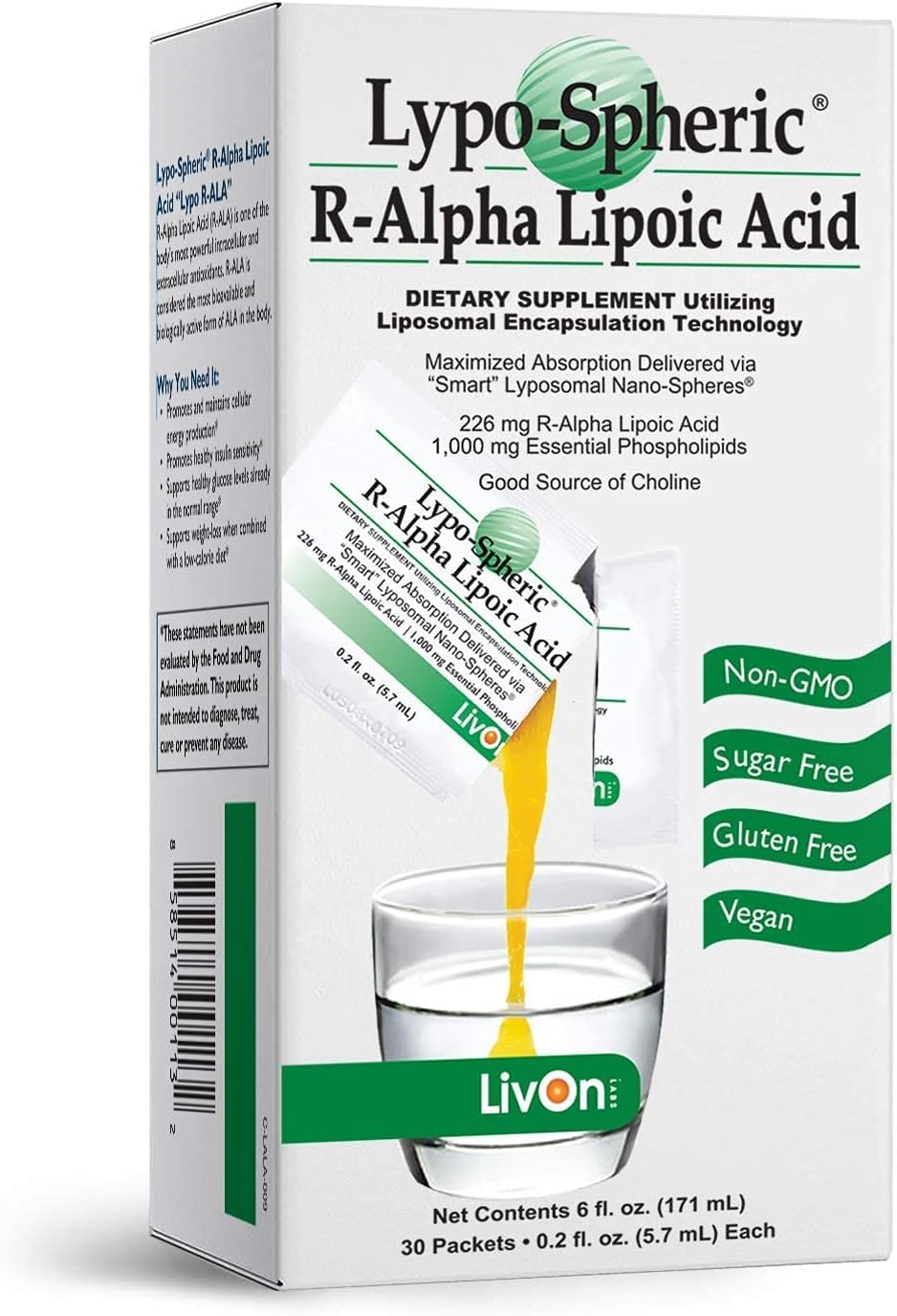 LivOn Laboratories Lypo-Spheric R-Alpha Lipoic Acid - 30 Packets - 226mg Per Packet - Liposome Encapsulated for Maximum Bioavailability - 100% Non-GMO