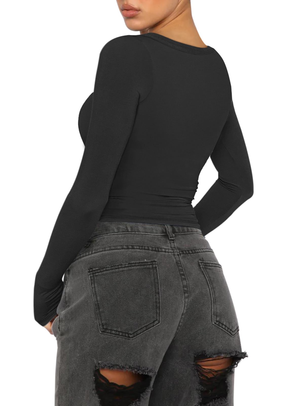 REORIA Women Fall Sexy Long Sleeve Henley T Shirts V Neck Button up Casual Basic Vintage Y2K Slim Fitted Ribbed Knit Tees Crop Tops Black Large