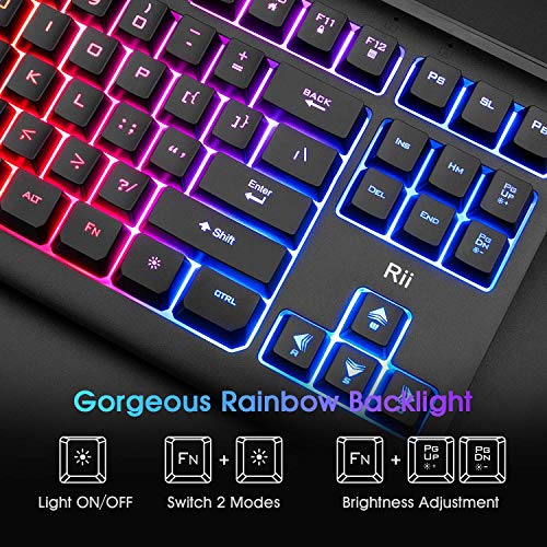 Rii Gaming Keyboard,87-Keys RGB Backlit Compact Keyboard,Silent Computer Keyboard,USB Wired Keyboard for Laptop,PC,Windows,Mac