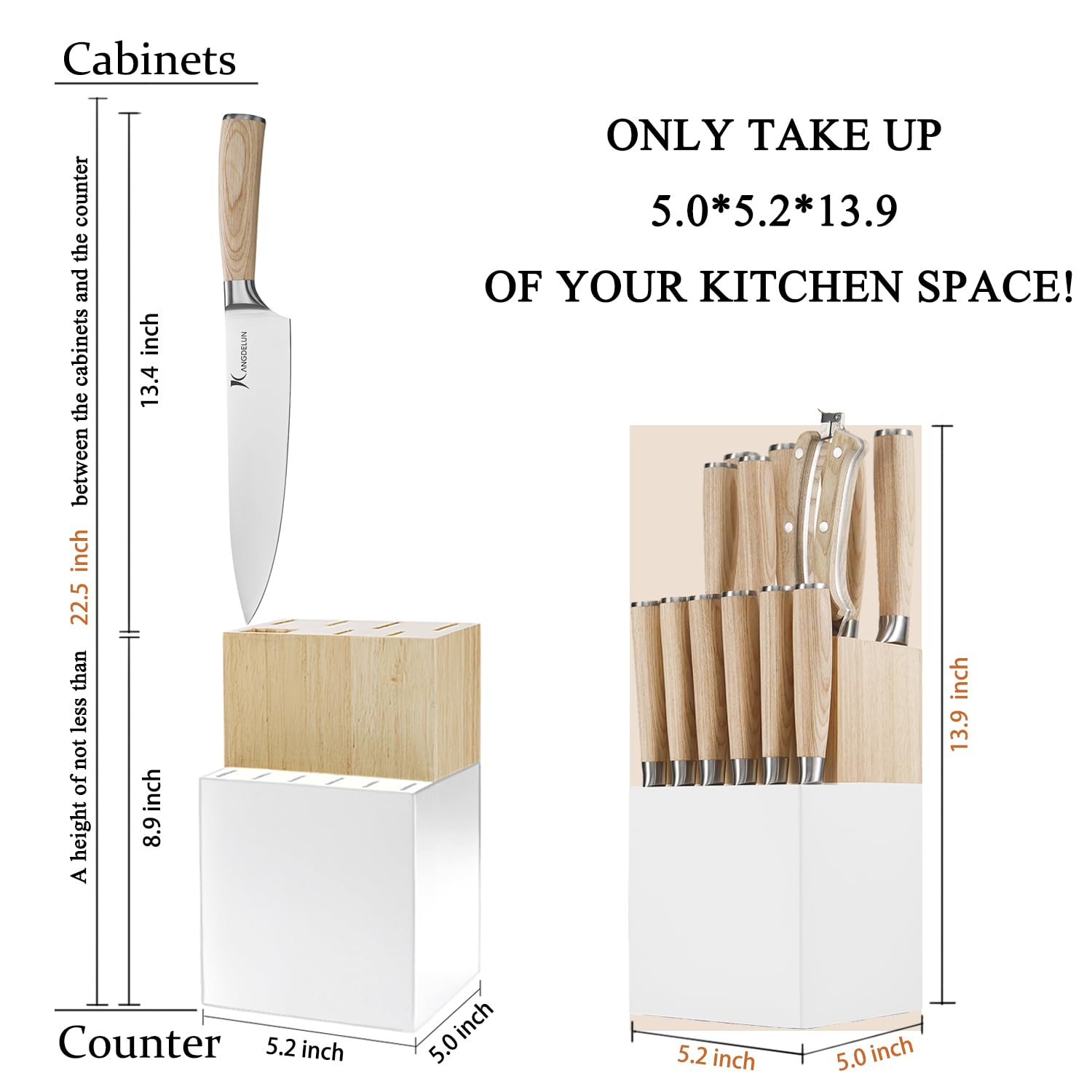 Kangdelun 14 PCS White Block Knife Set, Ultra Sharp High Carbon Stainless Steel, Wood Handle