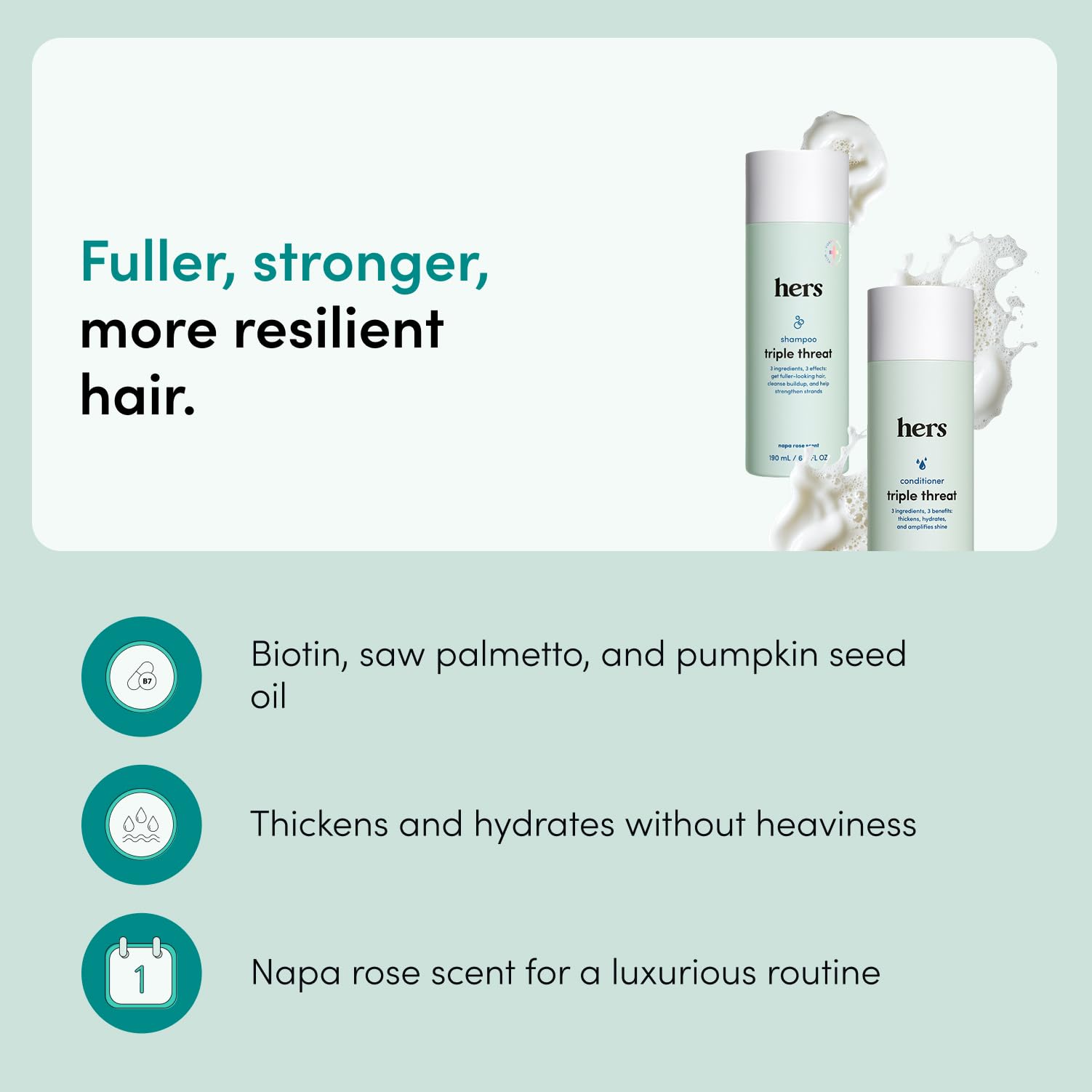 hers Triple Threat Shampoo & Conditioner Set - Biotin, Saw Palmetto, & Pumpkin Seed Oil Formula - Thickens & Hydrates - Color-Safe, Paraben-Free, Vegan - Napa Rose Scent - 6.4 Fl Oz, 2 Count