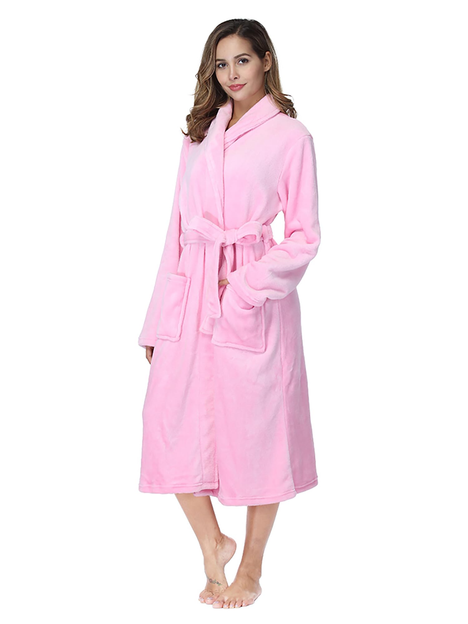 RONGTAI Womens Bathrobe Ladies Fleece Plush Warm Long Robes (X-Large,Pink)