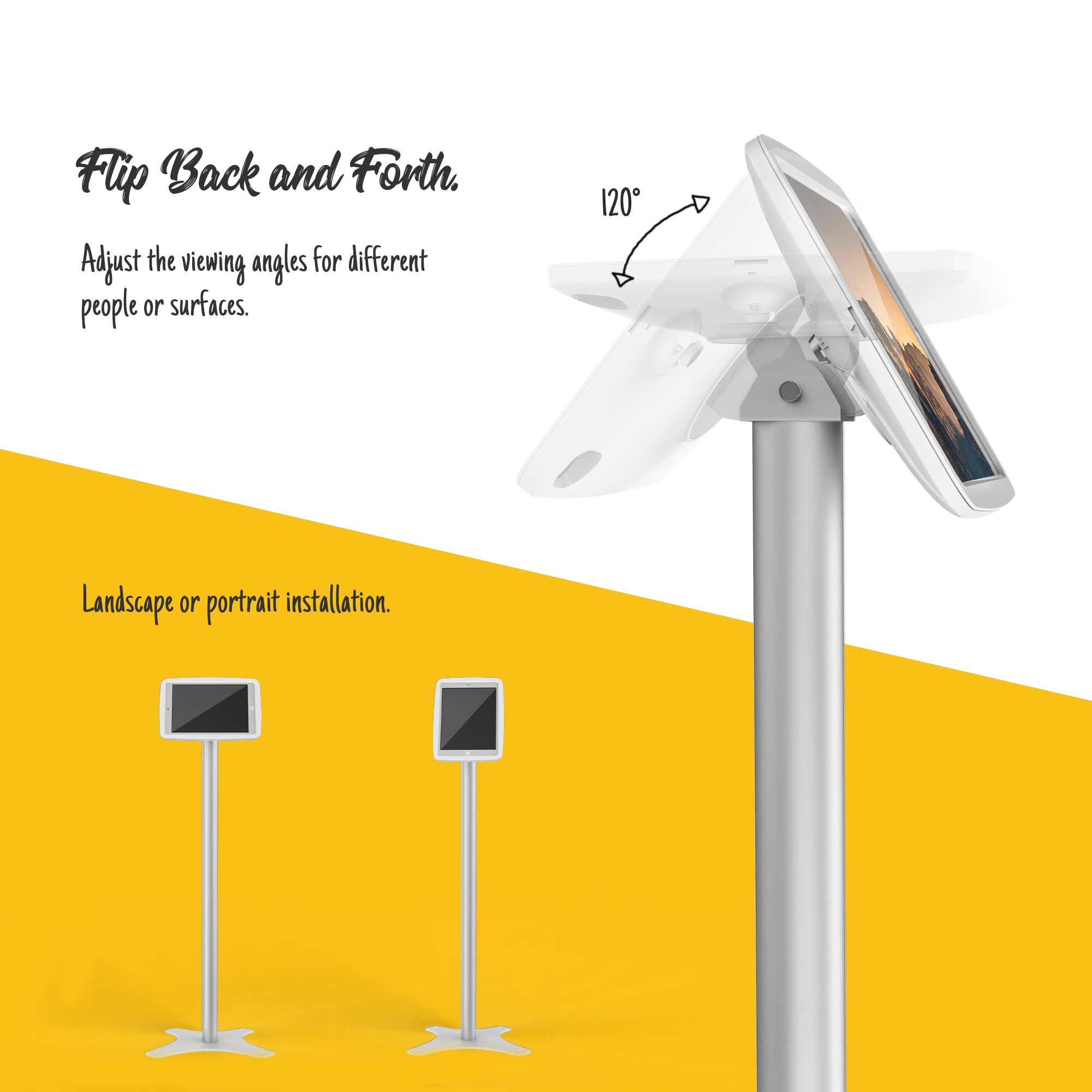 Beelta Tablet Kiosk Floor Stand Adjustable - Compatible with 10.2" iPad 7 8 9th, 120 Degree Rotate Lockable Tablet Enclosure+Aluminum Pole+Metal Base